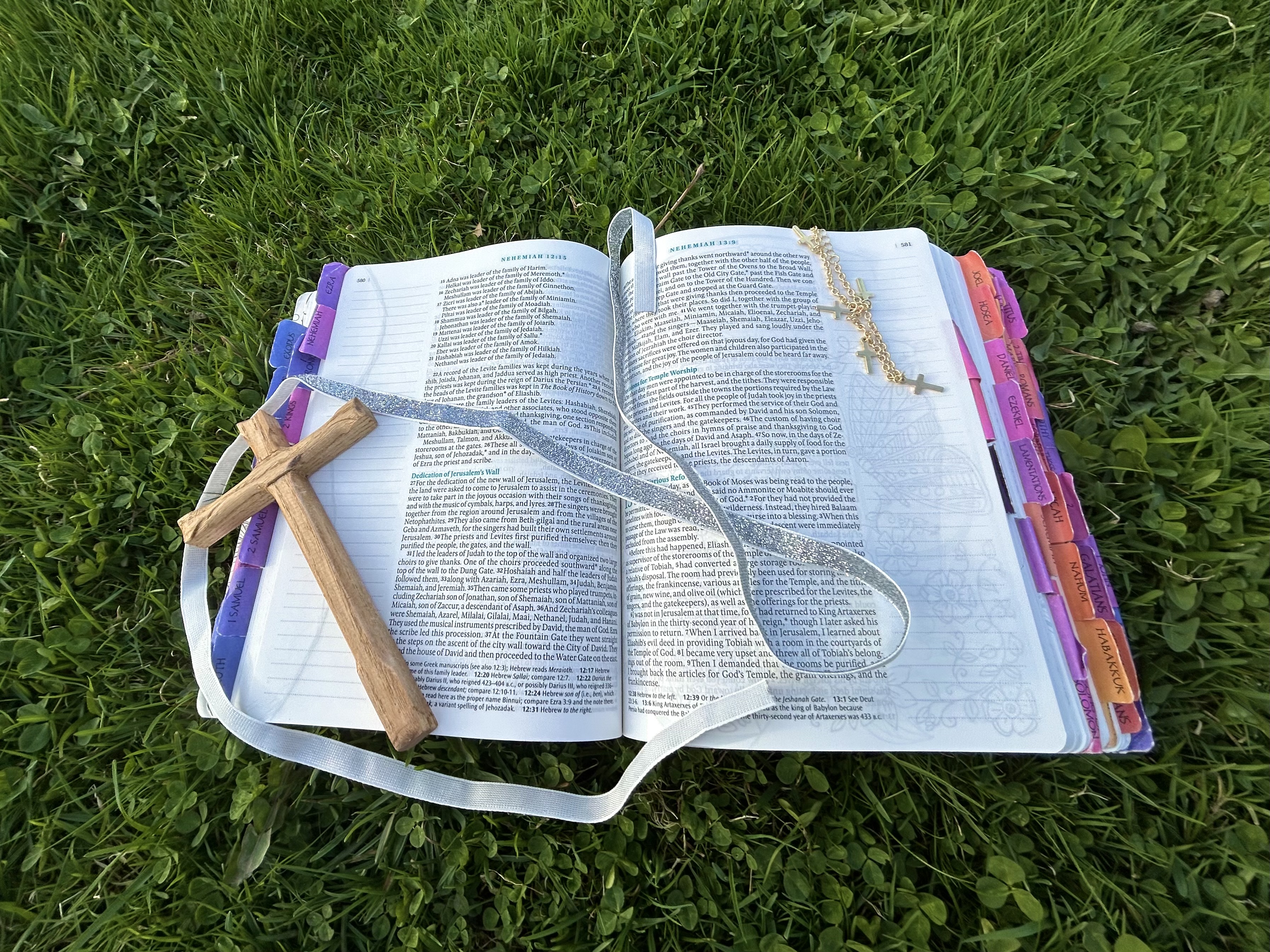 A picture of the bible and a cross.
